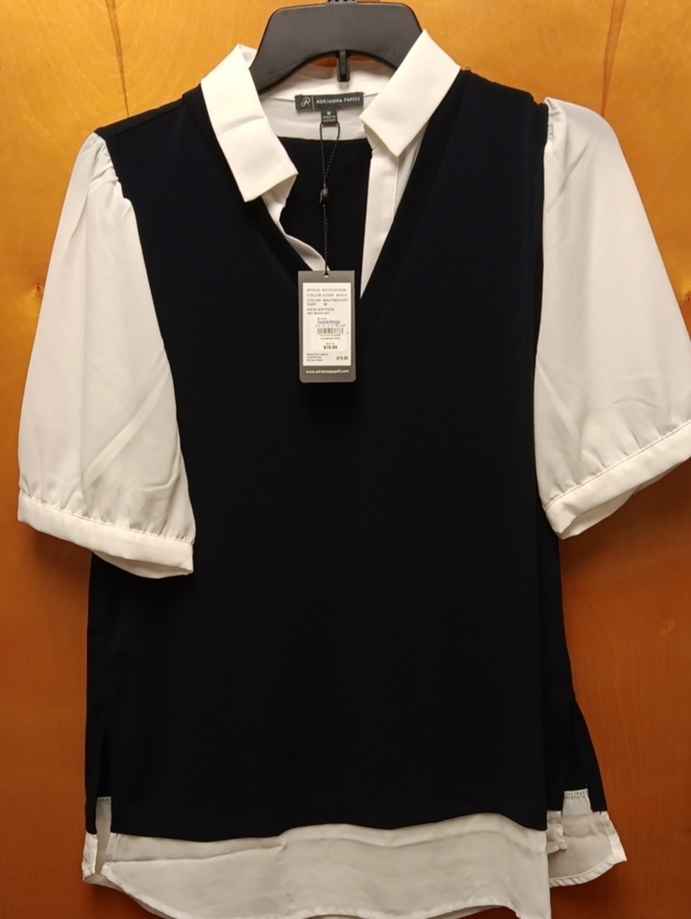 Adrianna Papell Navy and White Layered Collar Blouse